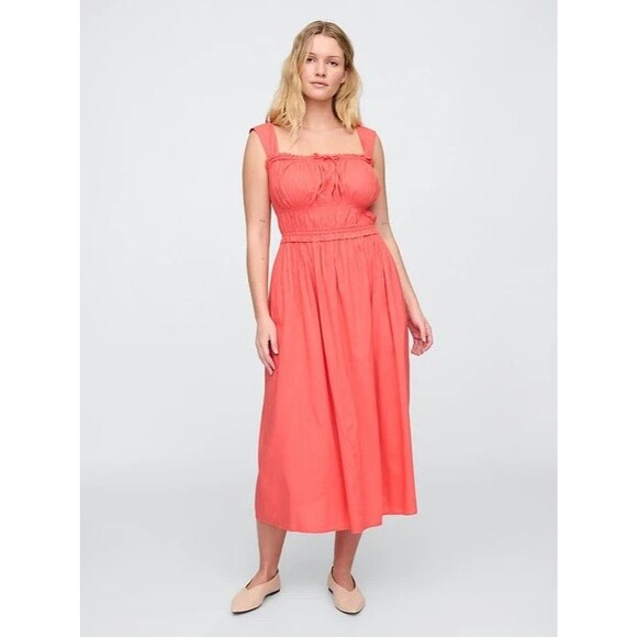 GAP Dresses & Skirts - GAP Bright Coral Pink Smocked Sundress Pockets Cotton Blend Summer Dress Size L
